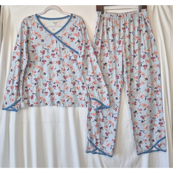 Sold! Garnet Hill Asian Wrap Blue Pink Floral Organic Cotton Pajama Set Large - Picture 2 of 13